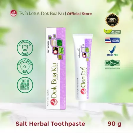 Twin Lotus Dok Bua Ku Salt Herbal Toothpaste 90g 150g | Pasta Gigi Herbal Garam Sariawan, Gusi Bengkak, Pemutih Gigi & Penghilang Bau Mulut Tanpa Fluoride Zinc Oxide Natural - Image 2