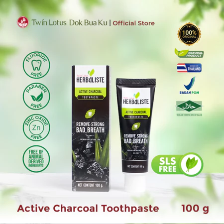Twin Lotus Herbaliste Active Charcoal Toothpaste 50g 100g 150g | Pasta Gigi Herbal Non SLS Fluoride Paraben Zinc Oxide Penghilang Bau Mulut & Pemutih Gigi - Image 2