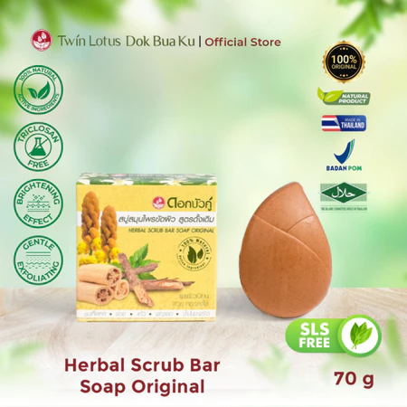 Twin Lotus Dok Bua Ku Herbal Scrub Bar Soap Original 70g | Sabun Batang Penghilang Jerawat & Pencerah Kulit Tanpa SLS Natural